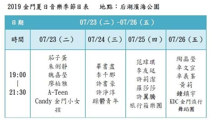 2019金門夏日音樂季節目表