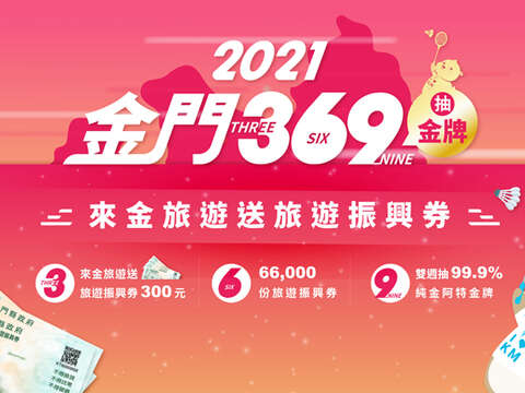 「2021金門369來金旅遊送振興券、抽金牌」活動相關圖卡。 （觀光處提供）1