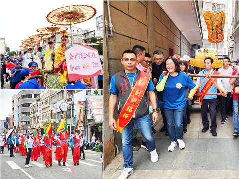 中、城隍遶境巡安，縣長陳福海、立委陳玉珍等人扛轎；左上、蜈蚣座妝人；左下、中正國小鼓吹隊小朋友擔任城隍爺前導；右上、遶境隊伍，神轎尬輦；右下、大甲媽參與遶境，民眾虔誠等待鑽轎腳。
