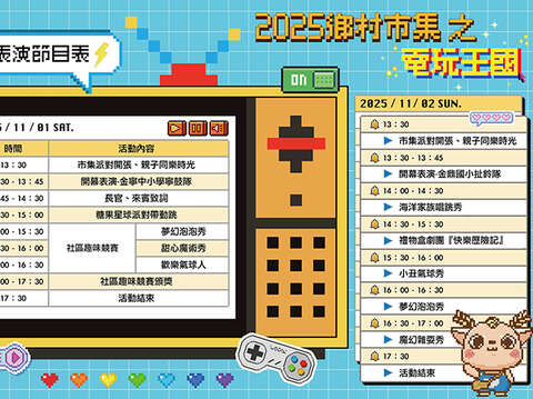 2025金寧鄉鄉村市集之電玩王國表演節目表。（金寧鄉公所提供）