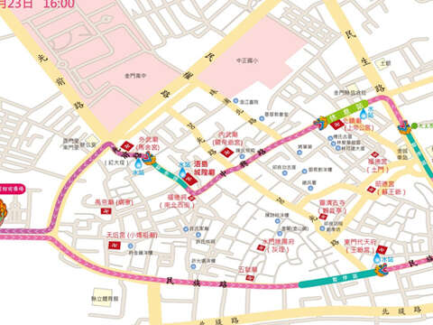 金城鎮公所將於5月23日下午舉辦「2026親子蜈蚣座嘉年華」,圖為活動行進路線圖。(金城鎮公所提供)