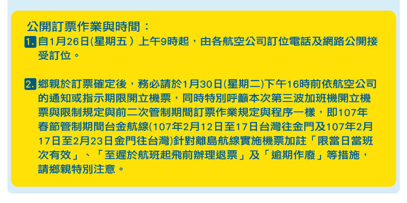 春節第3波加班機-訂票時間